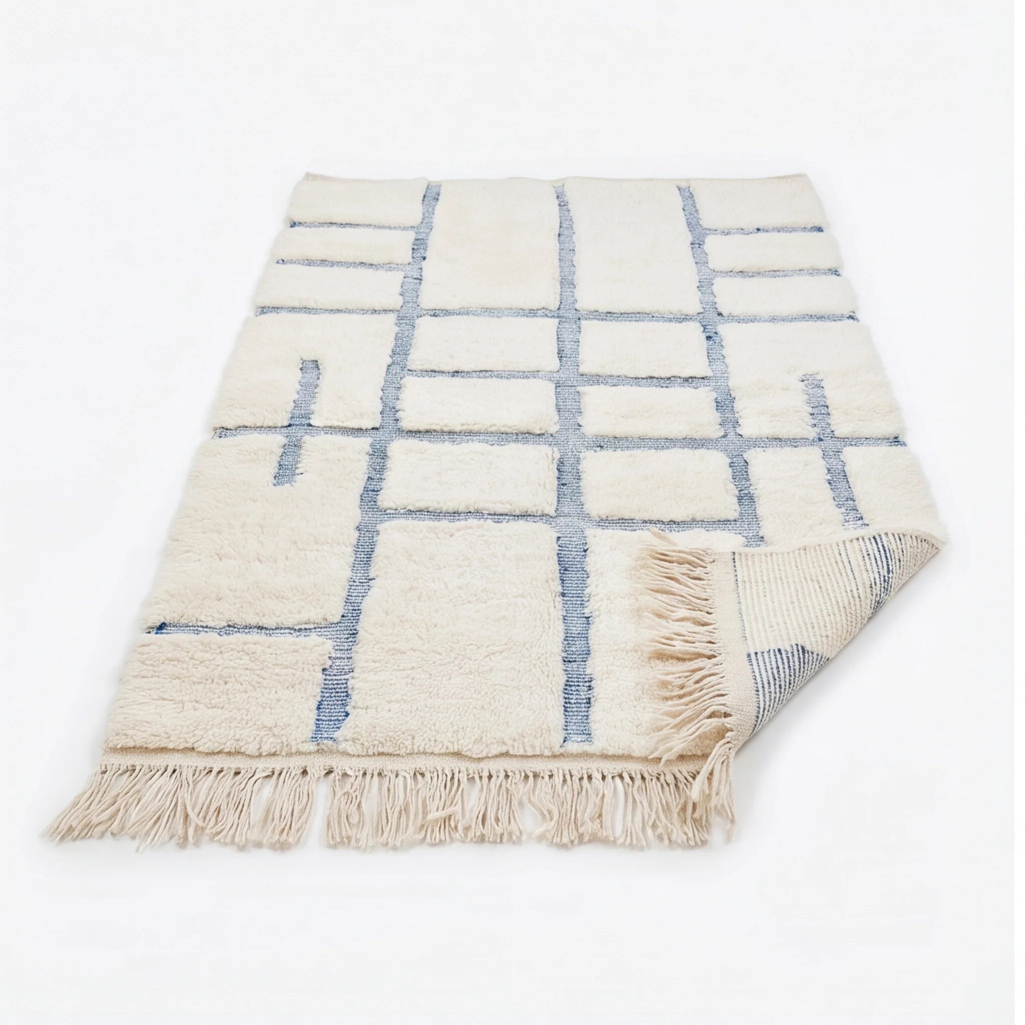 Tapis Béni Ouarain graphique bleu écru 150x240 cm
