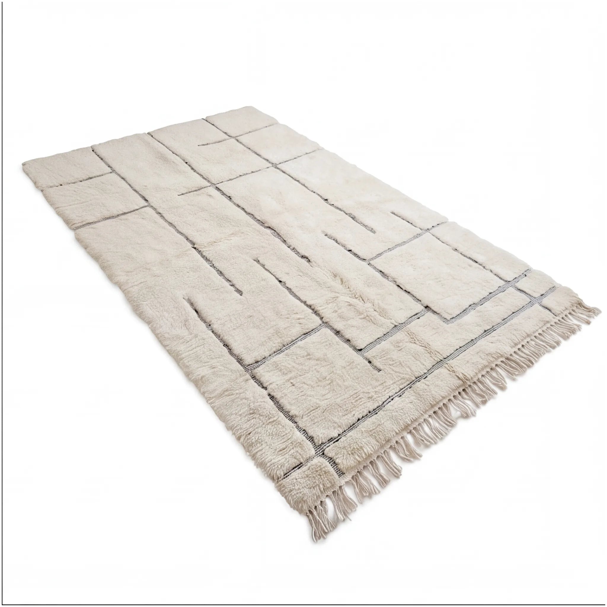 Tapis berbère écru motif rectangles, vue de trois quarts