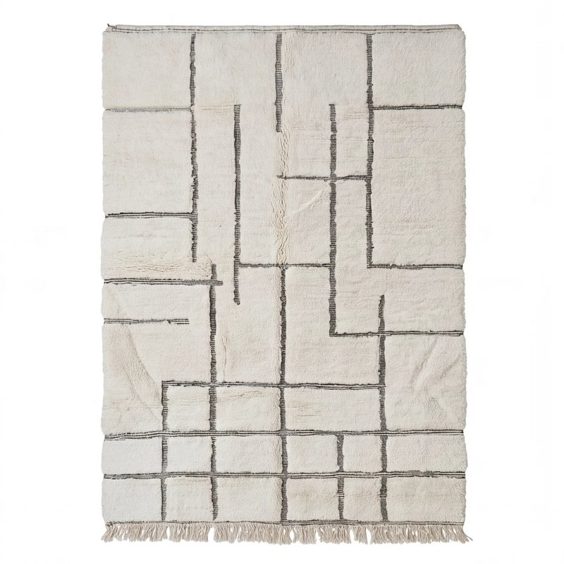 Tapis Béni Ouarain écru à blocs géométriques, vue de dessus