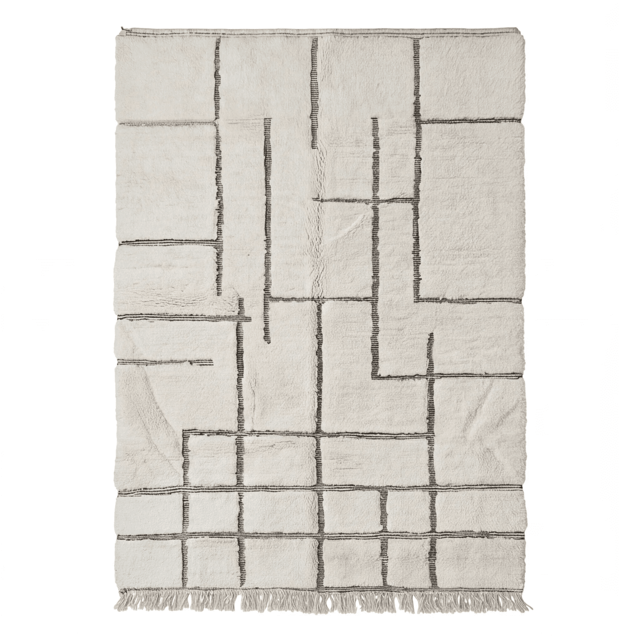 Tapis Béni Ouarain écru à blocs géométriques, vue de dessus