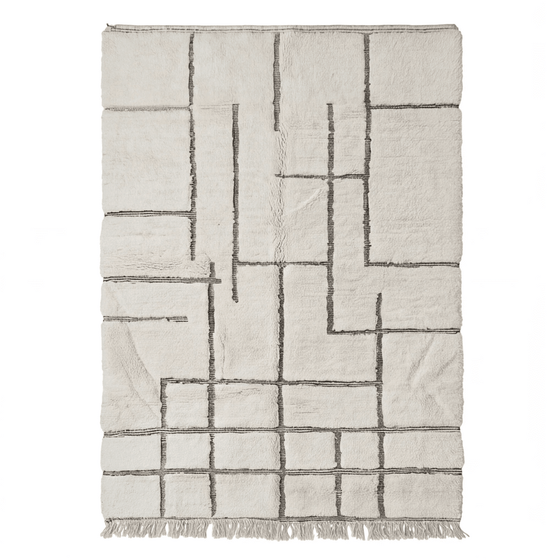Tapis Béni Ouarain écru à blocs géométriques, vue de dessus