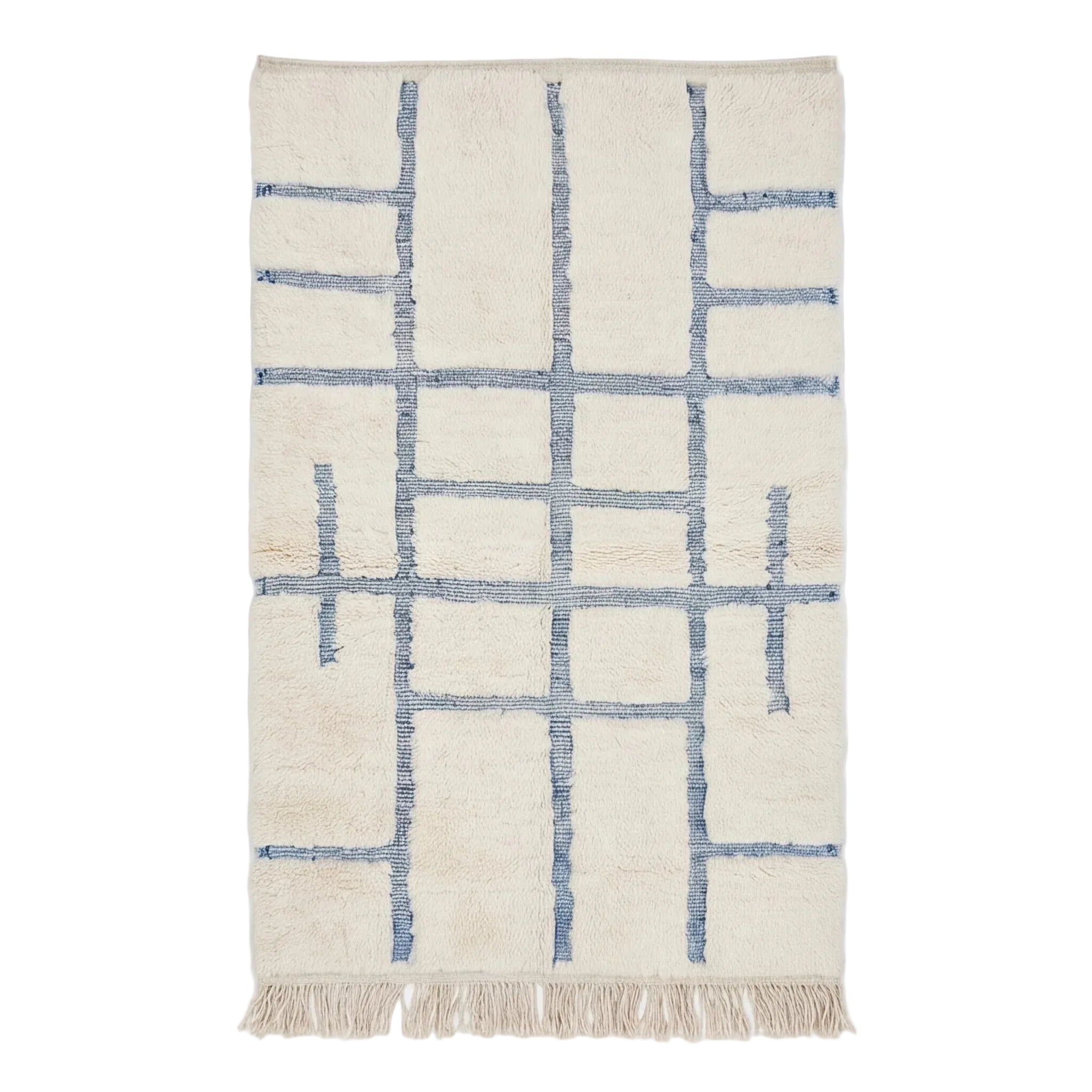 Tapis Béni Ouarain écru à motif graphique bleu, vue de dessus