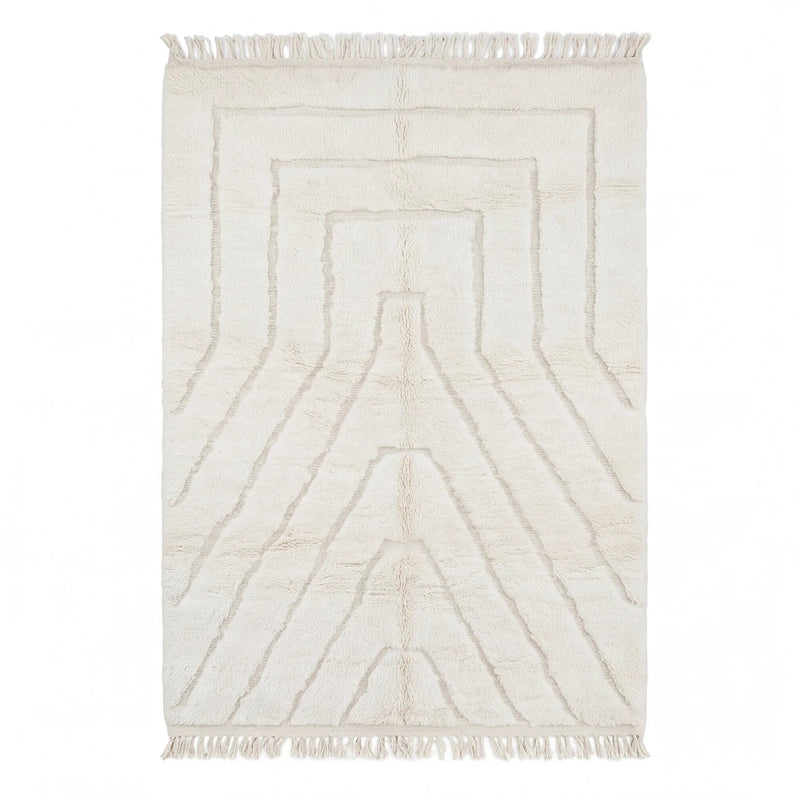 Tapis Béni Ouarain écru à motif graphique, vue de dessus