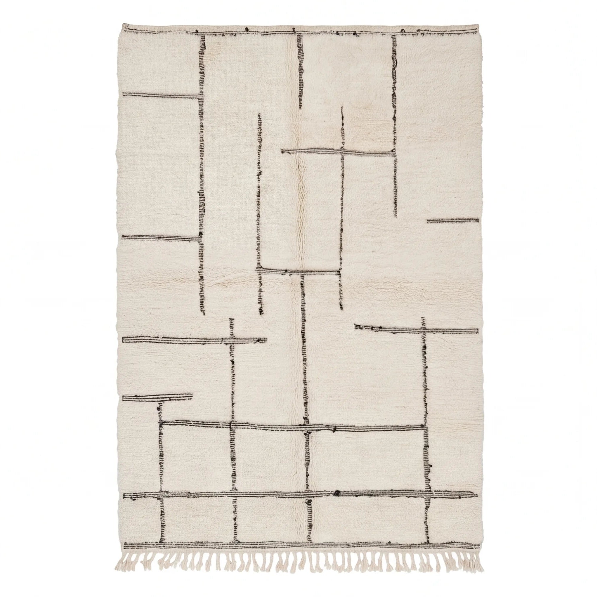 Tapis Béni Ouarain écru à fines lignes graphiques, vue de dessus