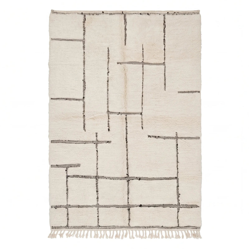 Tapis Béni Ouarain écru à fines lignes graphiques, vue de dessus