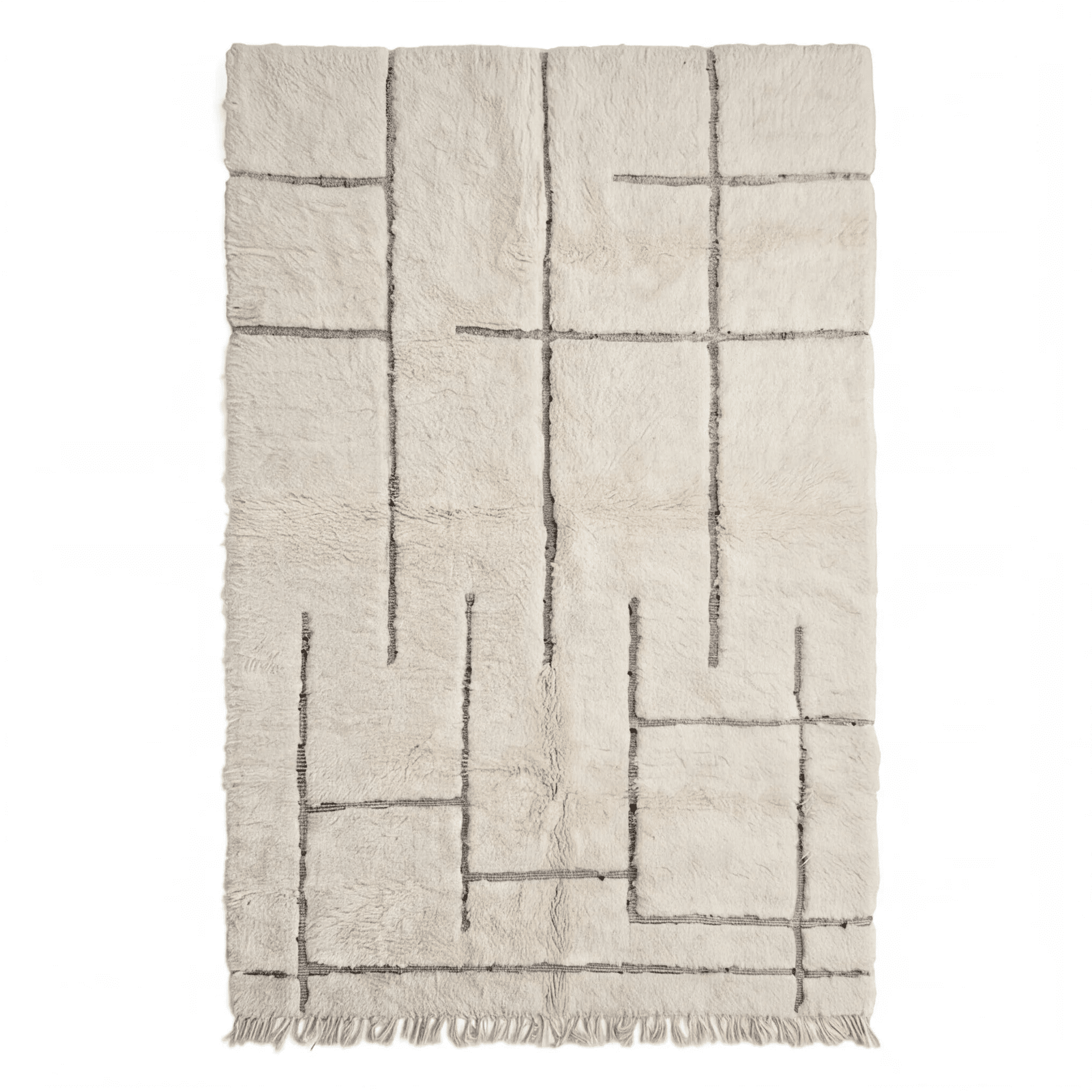 Tapis Béni Ouarain écru motif graphique rectangles, vue de dessus