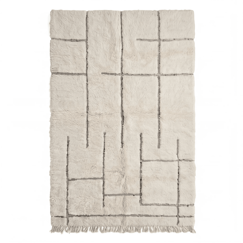 Tapis Béni Ouarain écru motif graphique rectangles, vue de dessus