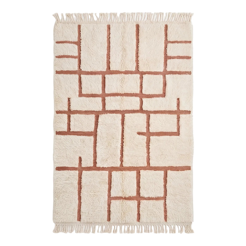 Tapis Béni Ouarain écru à motifs terracotta, vue de dessus