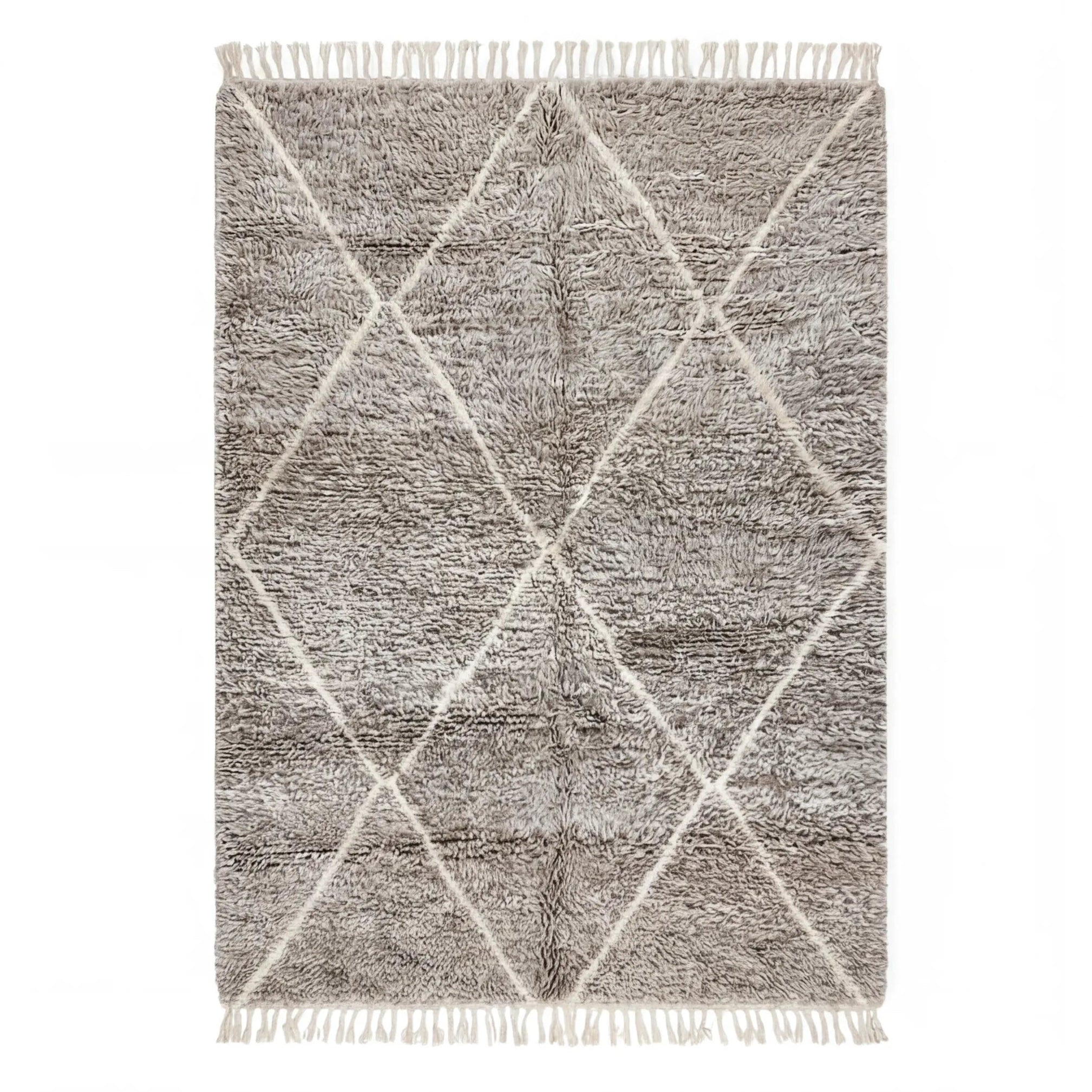Tapis Béni Ouarain écru et gris graphique, vue de dessus