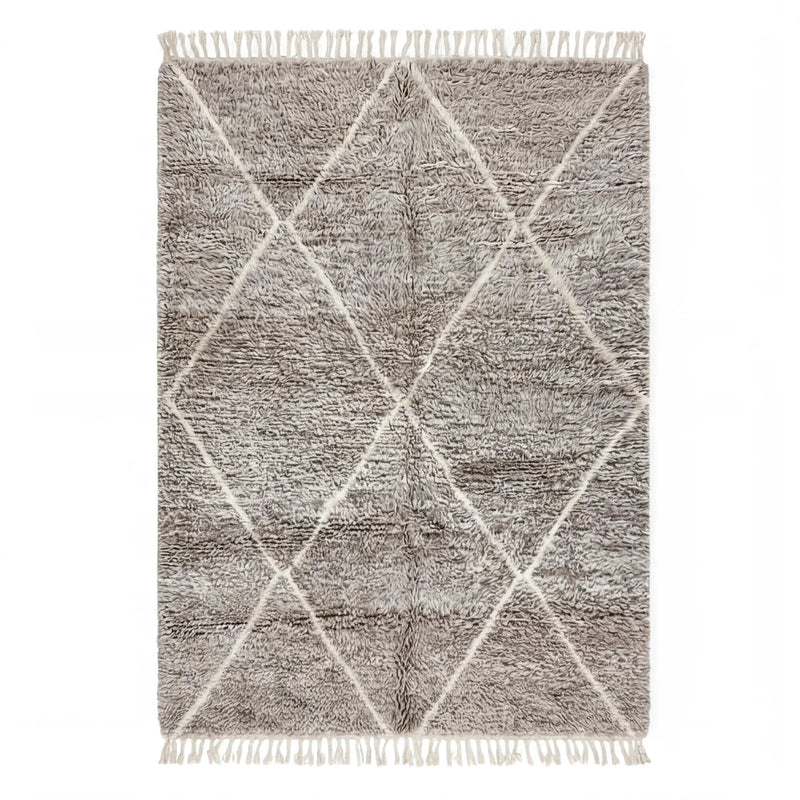 Tapis Béni Ouarain écru et gris graphique, vue de dessus