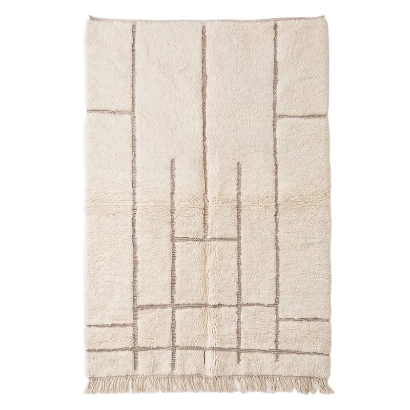 Tapis Béni Ouarain écru graphique vertical, vue de dessus