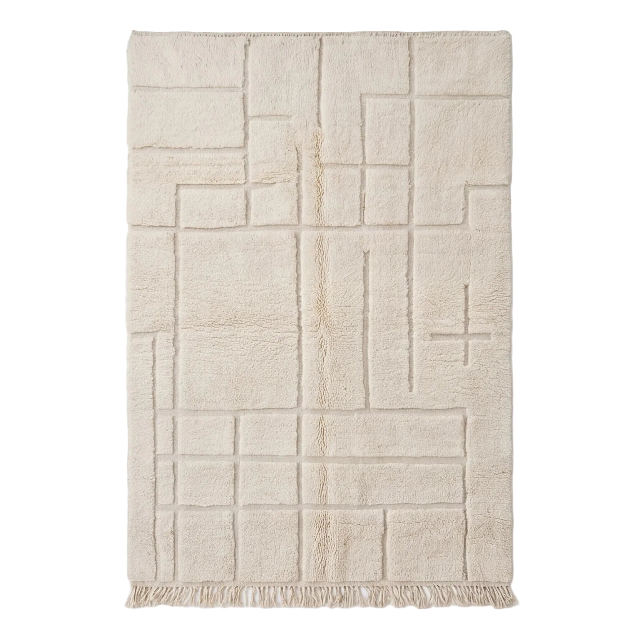 Tapis Béni Ouarain écru lignes verticales graphiques, vue de dessus