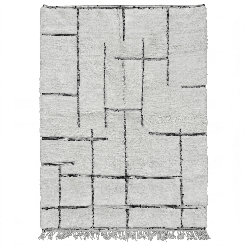 Tapis Béni Ouarain écru à lignes grises, vue de dessus