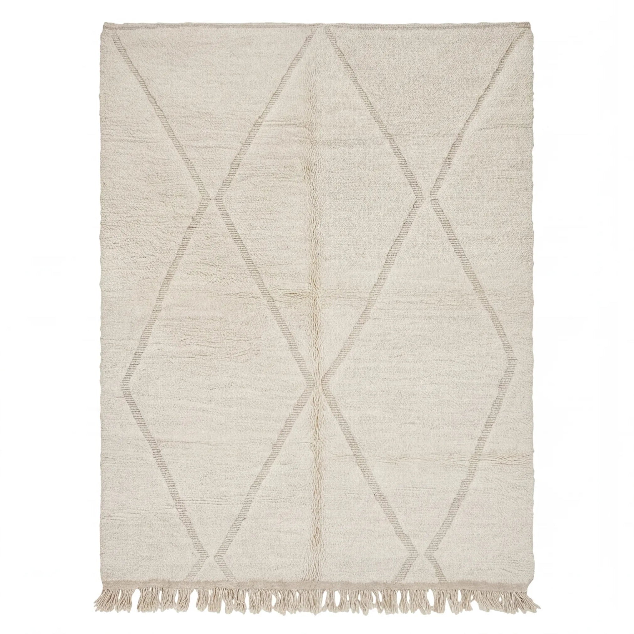 Tapis Béni Ouarain écru à losanges graphiques, vue de dessus