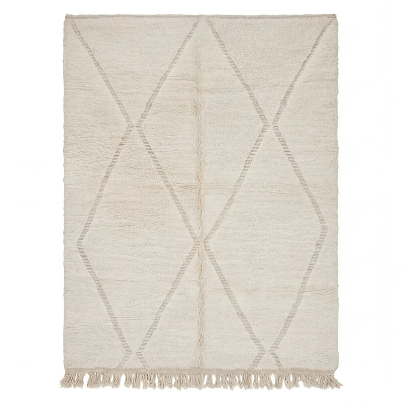 Tapis Béni Ouarain écru à losanges graphiques, vue de dessus