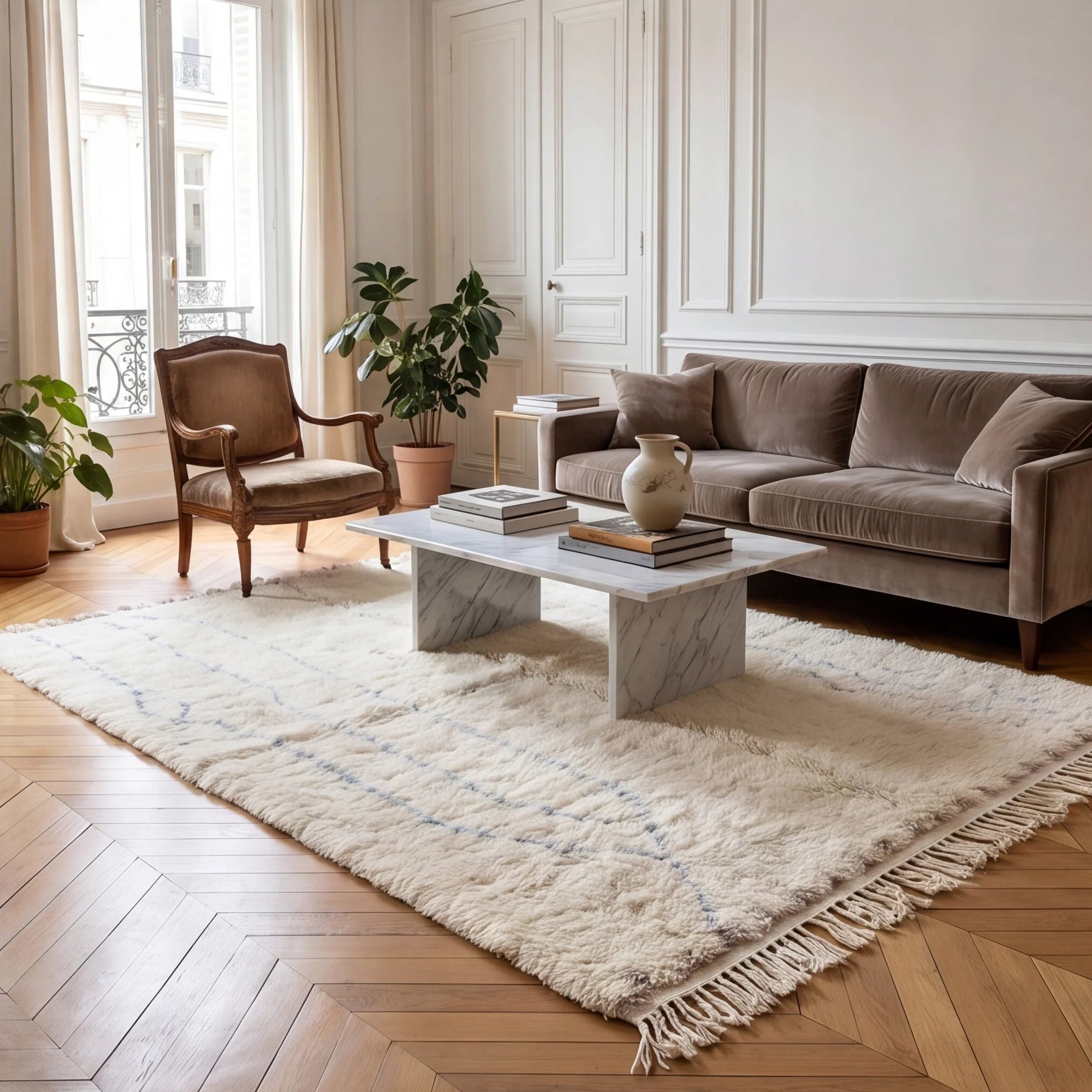 Tapis Béni Ouarain écru grille graphique en situation dans un salon