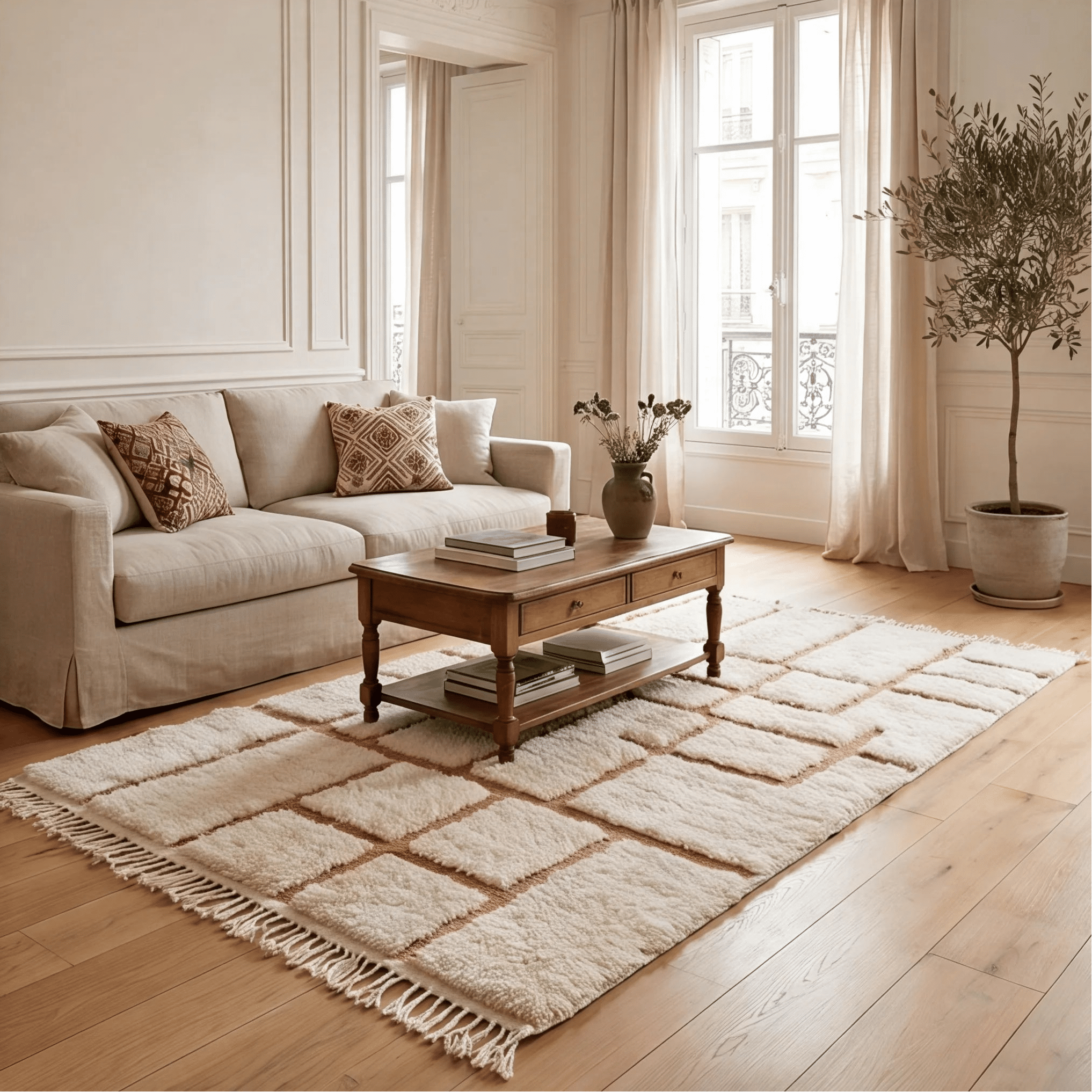 Tapis Béni Ouarain terracotta en situation dans un salon