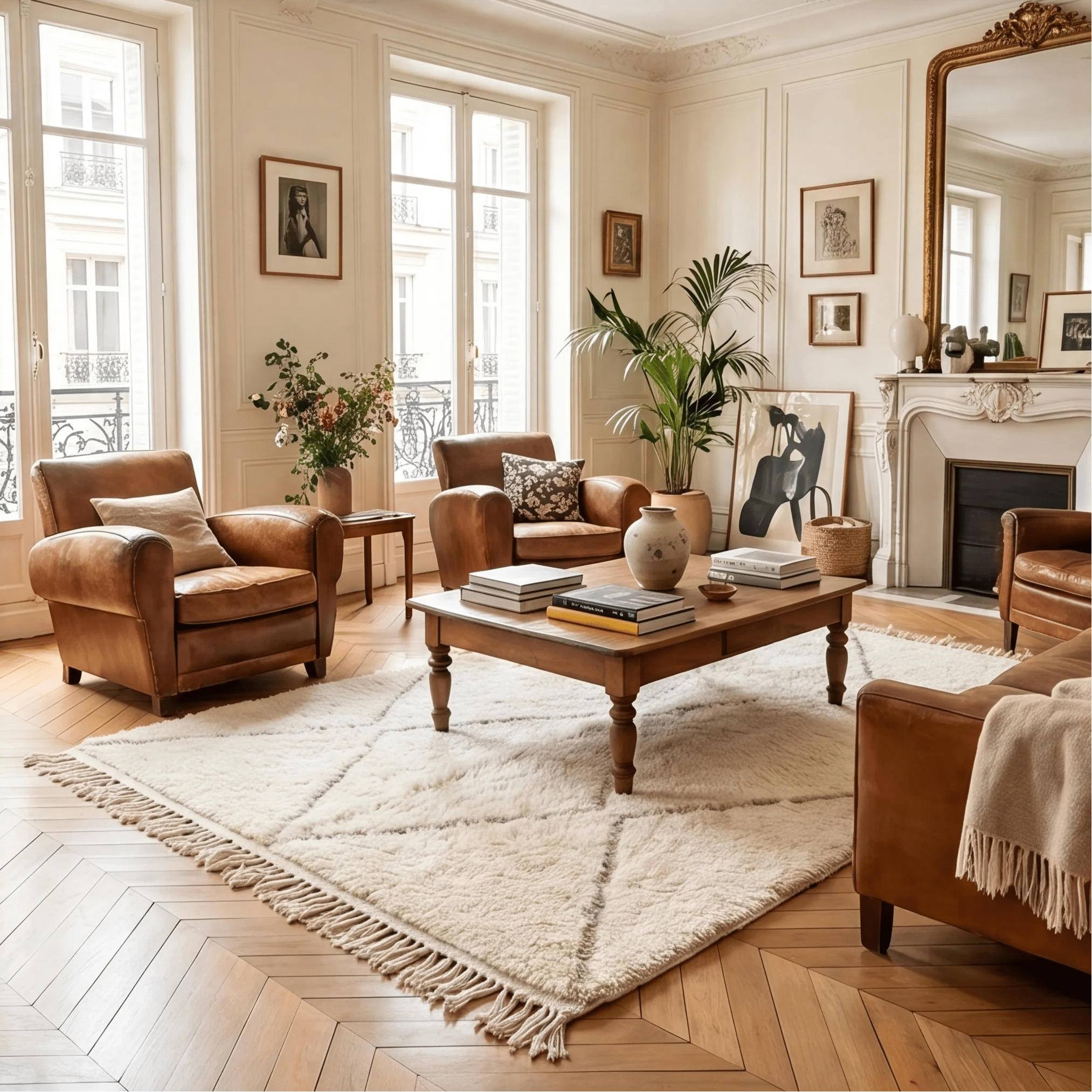 Tapis Béni Ouarain écru à losanges en situation dans un salon