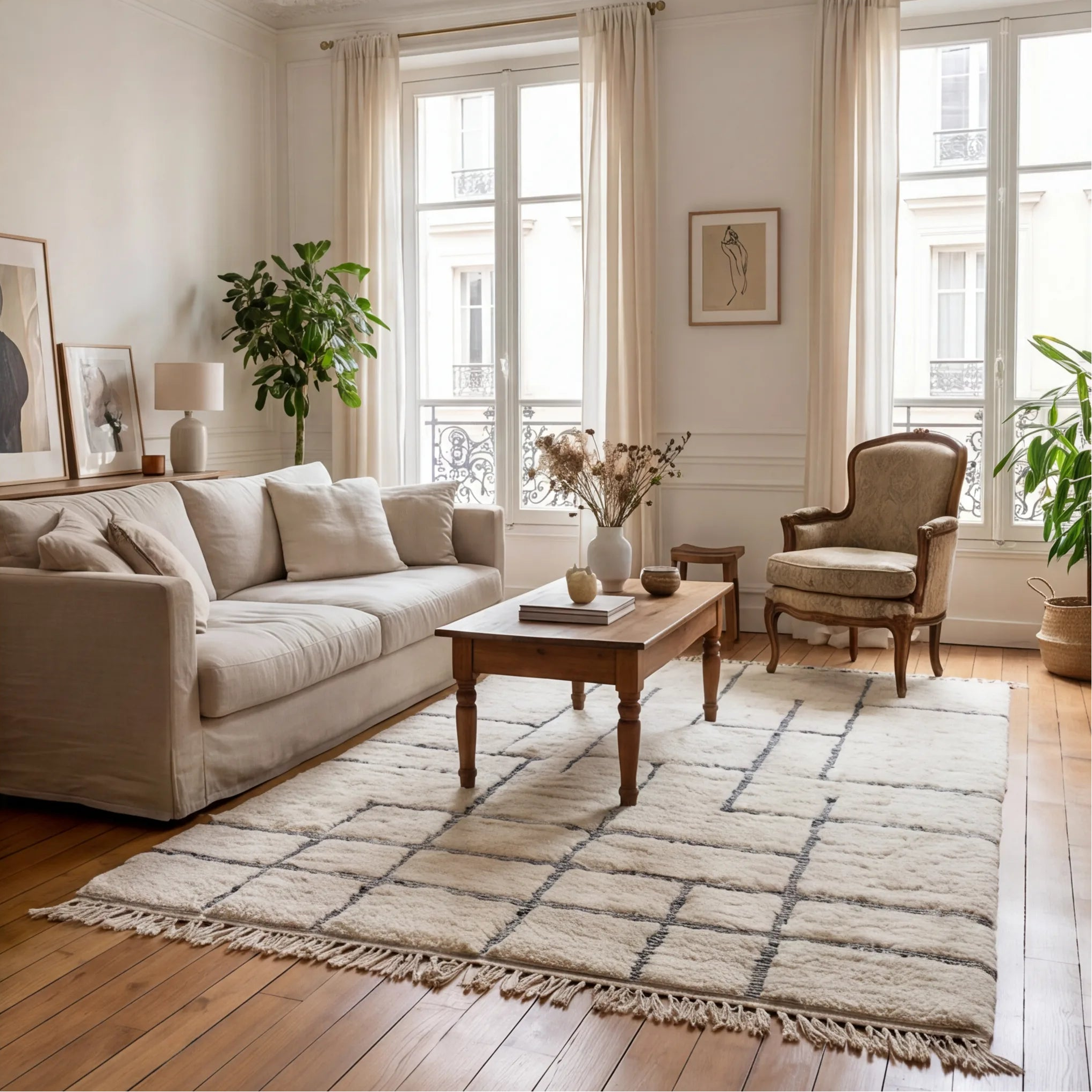 Grand tapis Béni Ouarain écru en situation dans un salon