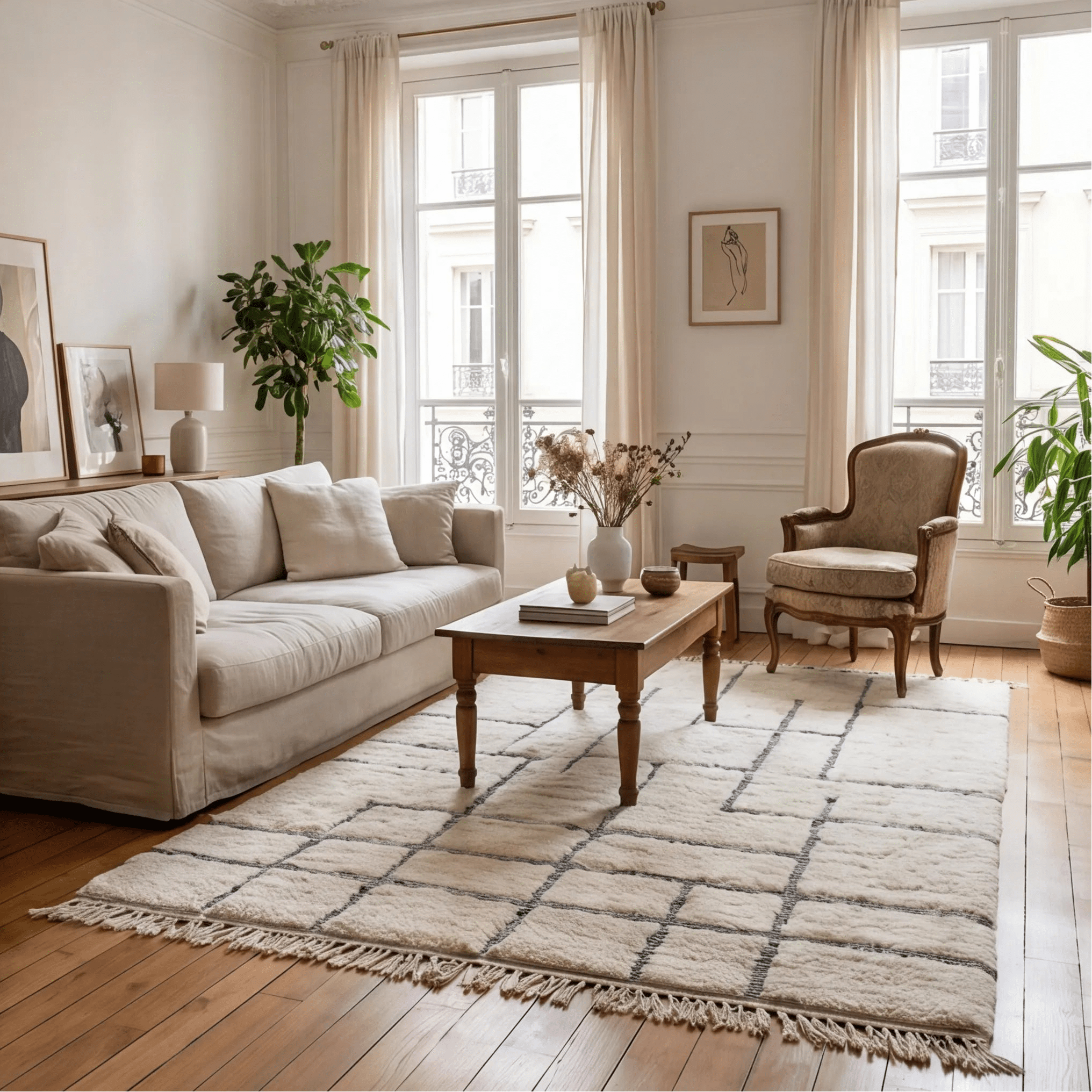 Grand tapis Béni Ouarain écru en situation dans un salon