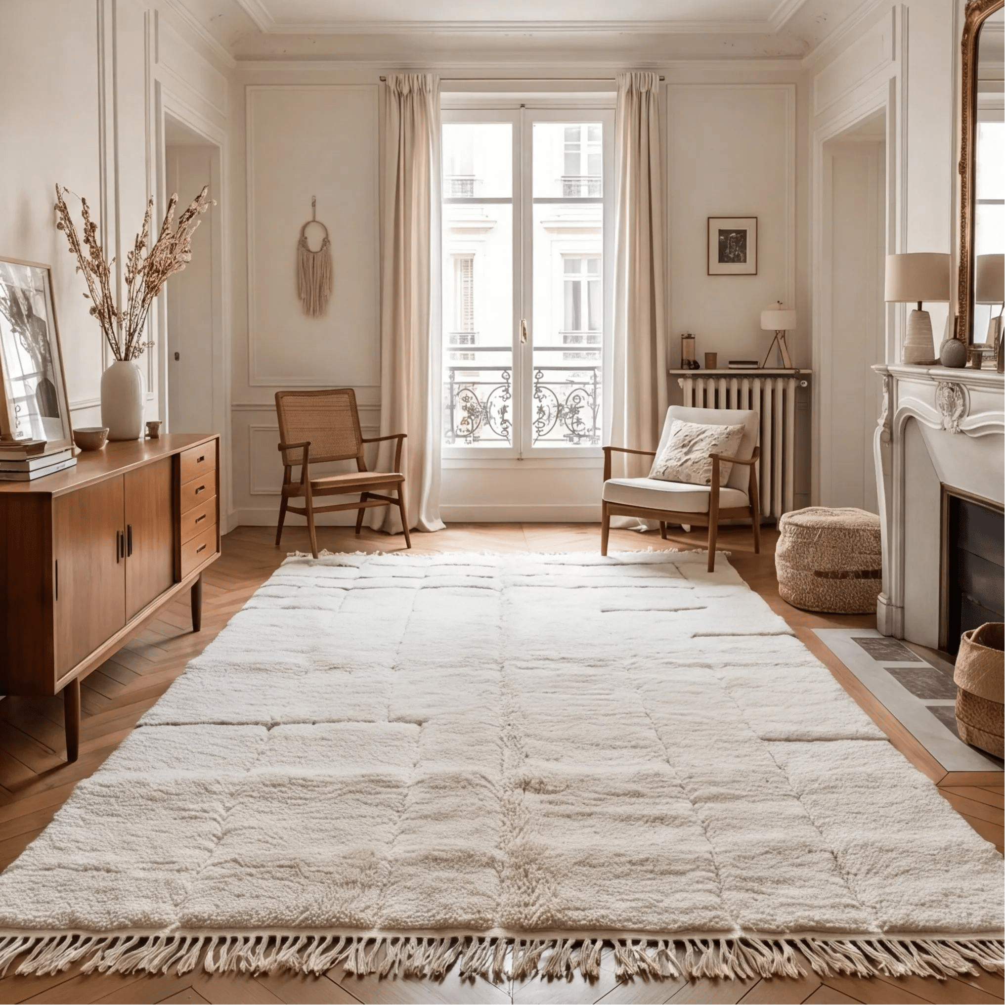 Grand tapis Béni Ouarain écru en situation dans un salon