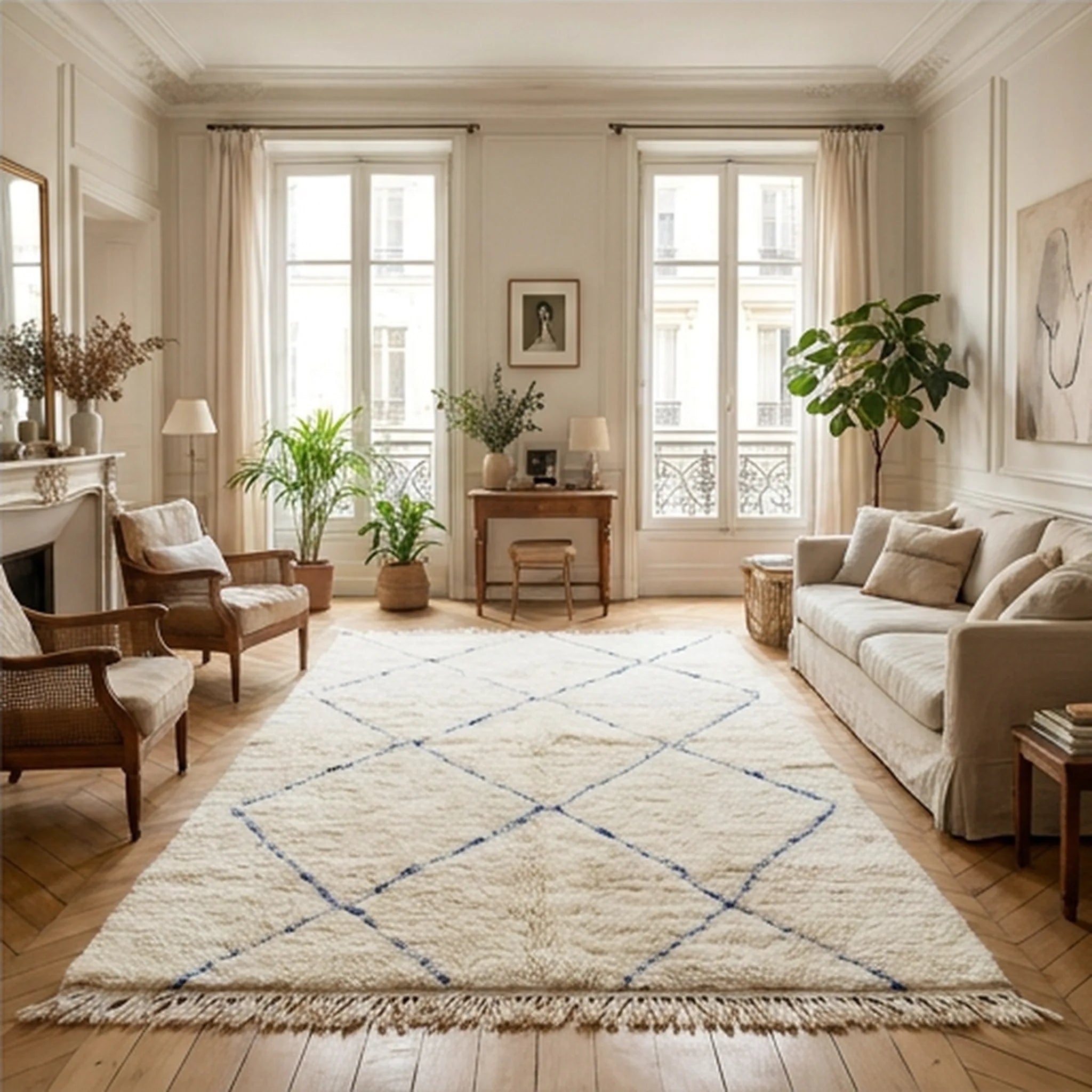 Grand tapis Béni Ouarain écru en situation dans un salon