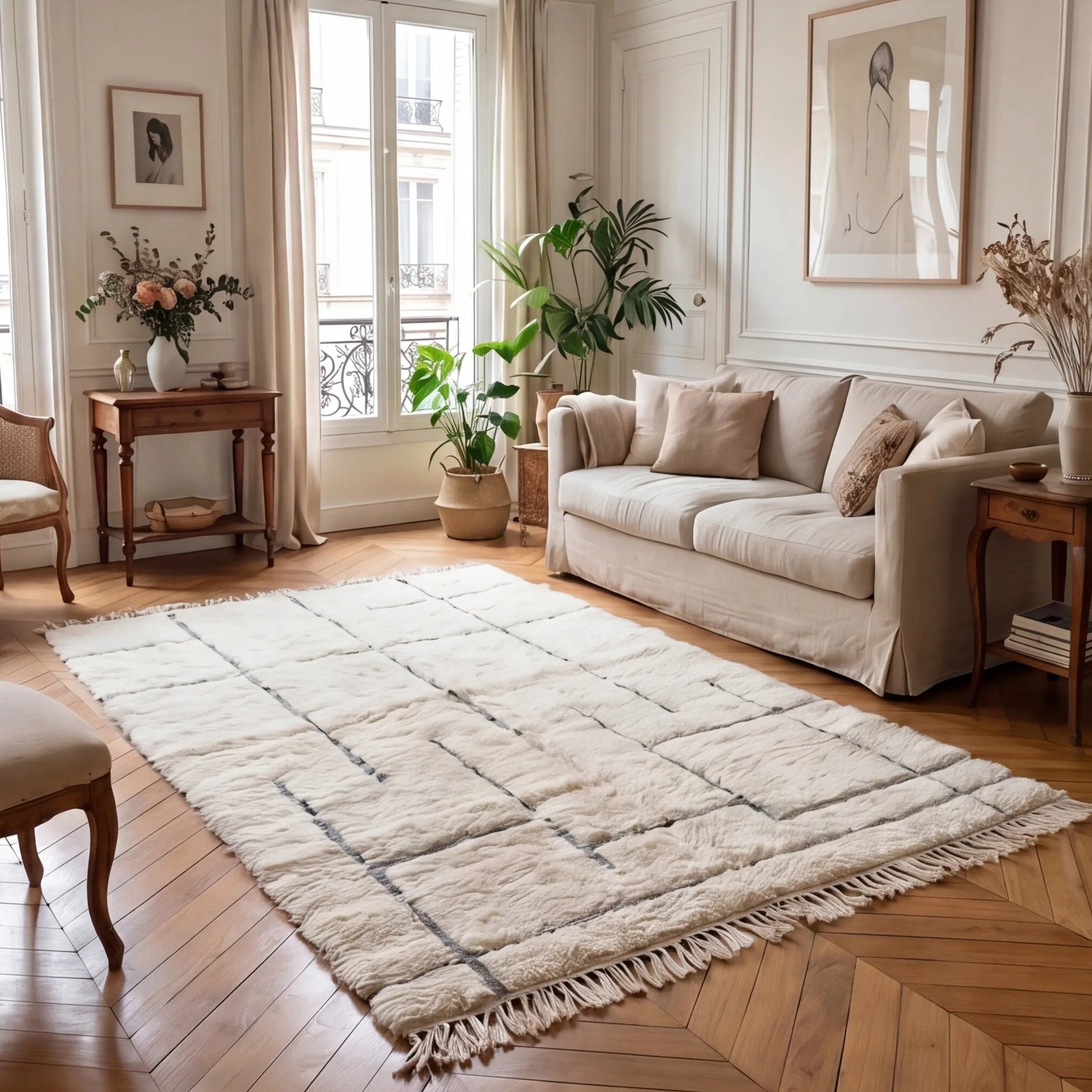 Grand tapis Béni Ouarain écru en situation dans un salon