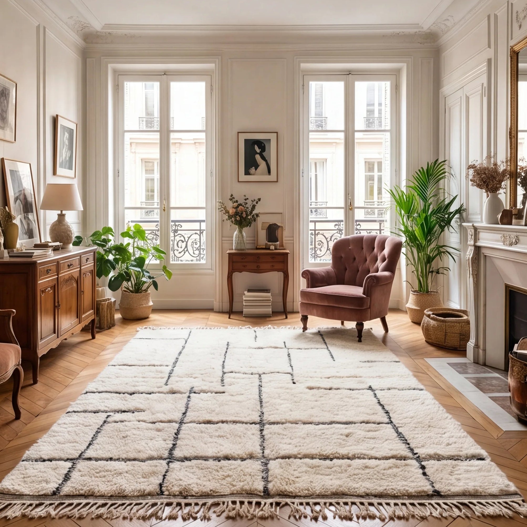 Grand tapis Béni Ouarain écru en situation dans un salon