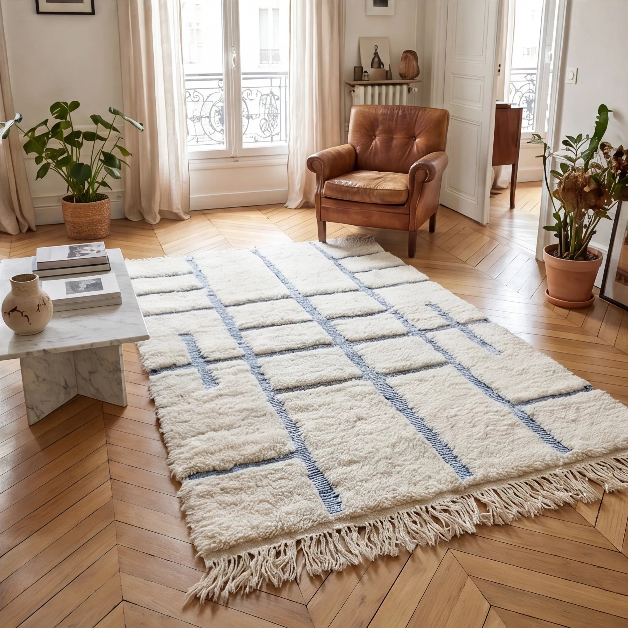 Tapis Béni Ouarain graphique bleu en situation dans un salon