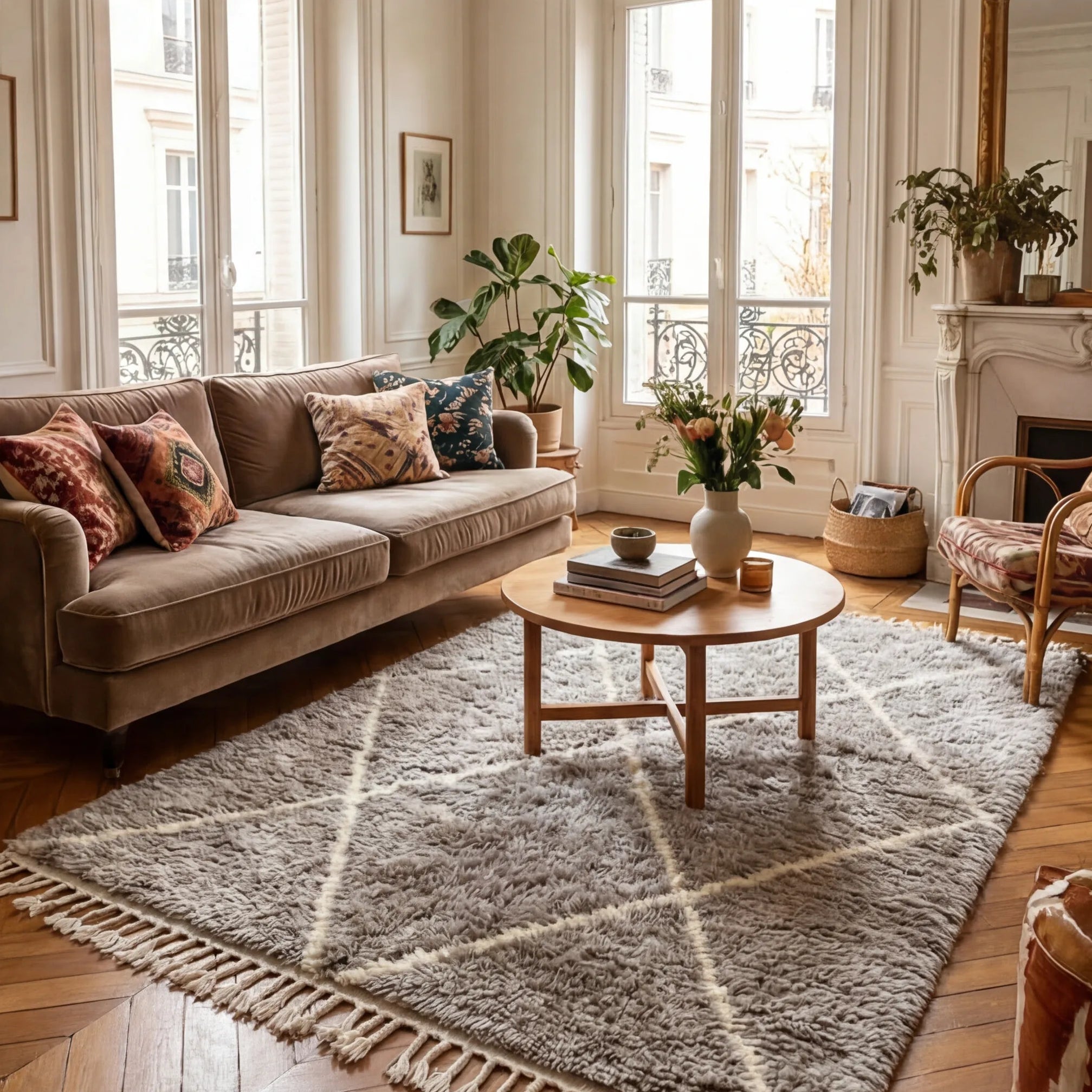Grand tapis Béni Ouarain écru et gris en situation dans un salon