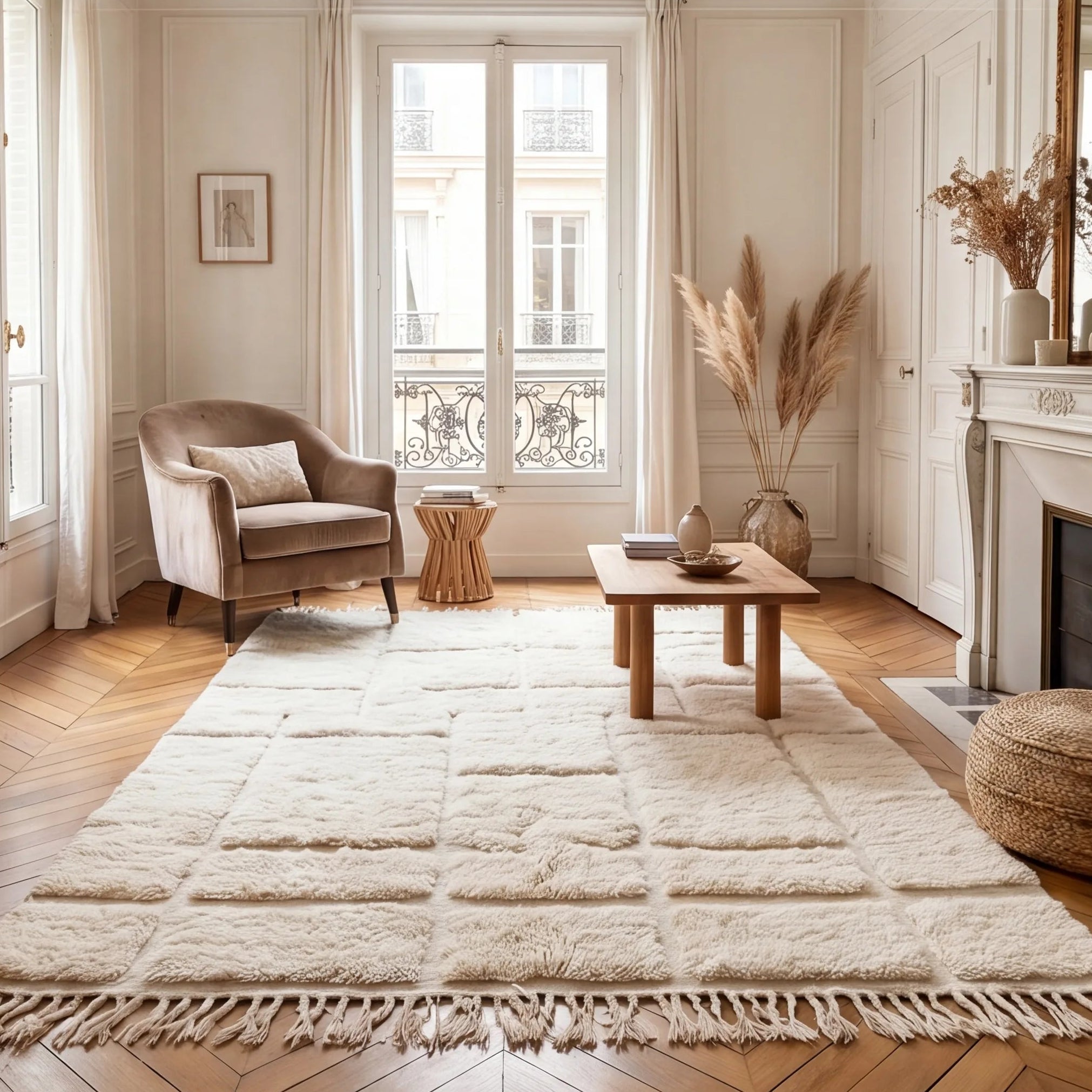 Grand tapis Béni Ouarain écru en situation dans un salon