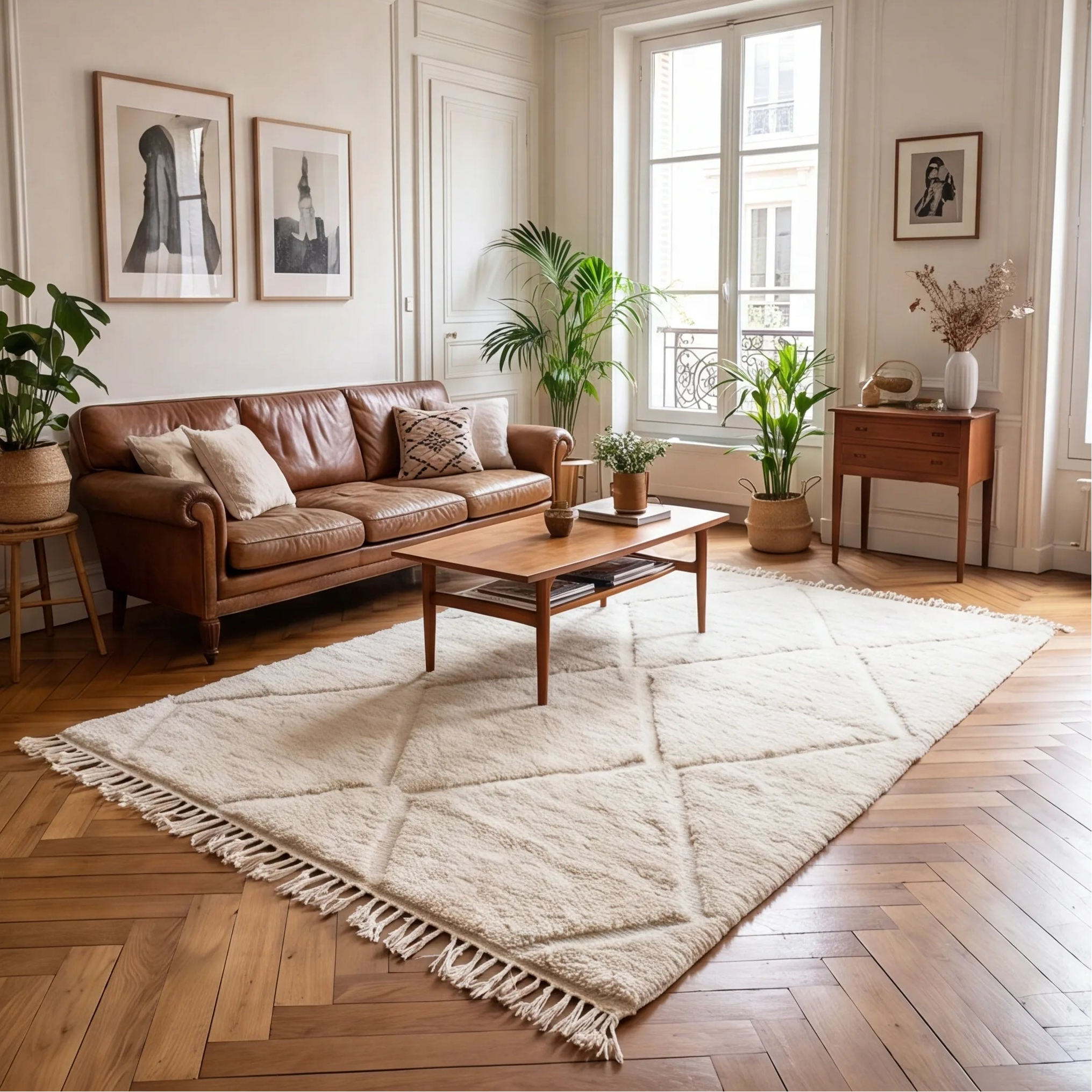 Grand tapis Béni Ouarain écru en situation dans un salon
