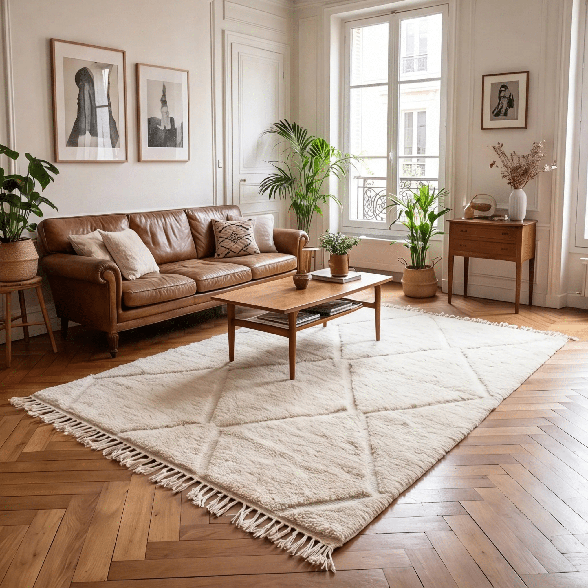 Grand tapis Béni Ouarain écru en situation dans un salon