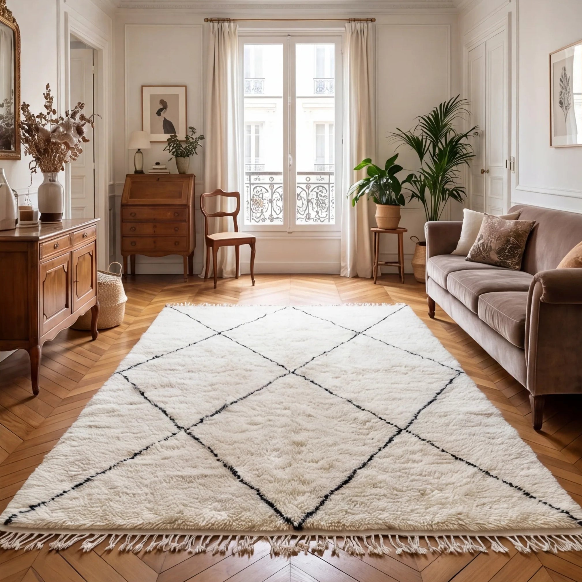 Grand tapis Béni Ouarain écru à losanges en situation dans un salon
