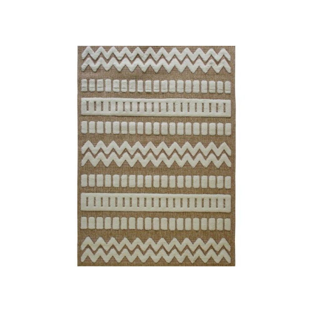 Tapis en jute beige à motifs géométriques contemporains, alternant zigzags et rangées de bâtonnets crème en relief.