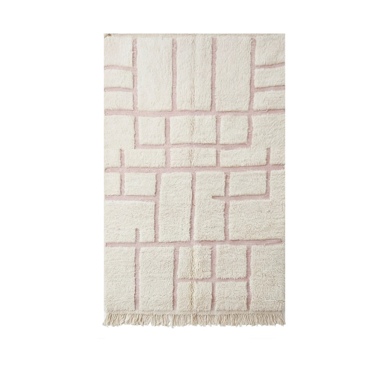 Tapis berbère Béni Ouarain écru à motifs roses, vue de dessus 150x240 cm