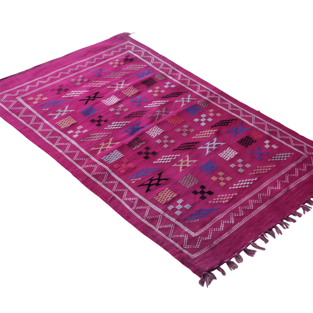 Tapis berbère fuchsia bordure zigzag 95x150 cm