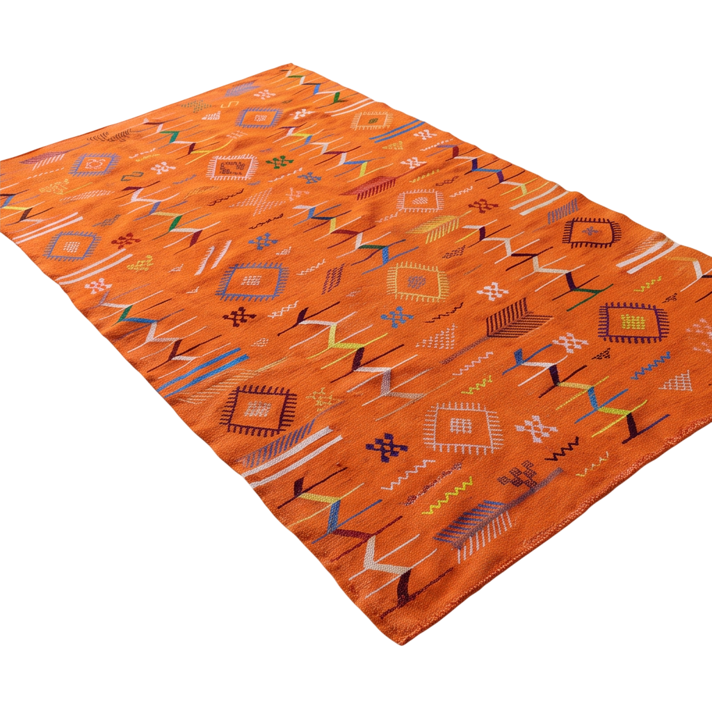 Tapis berbère orange motifs multicolores
