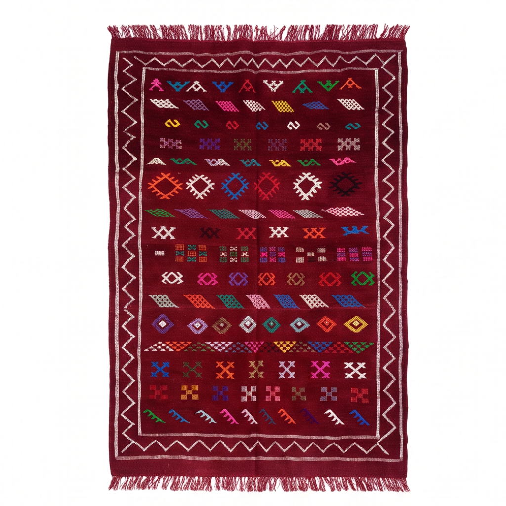 Tapis berbère bordeaux motifs colorés