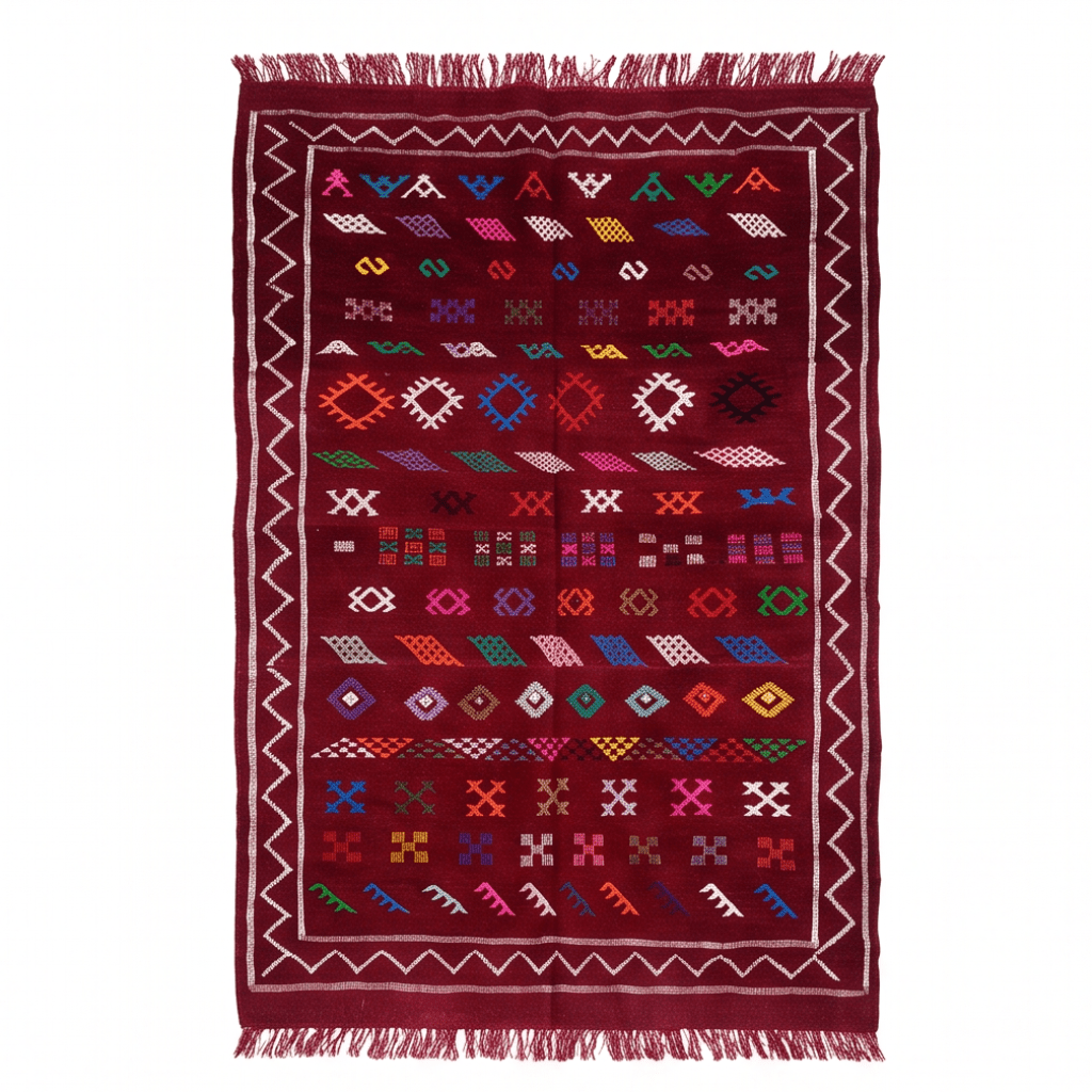 Tapis berbère bordeaux motifs colorés