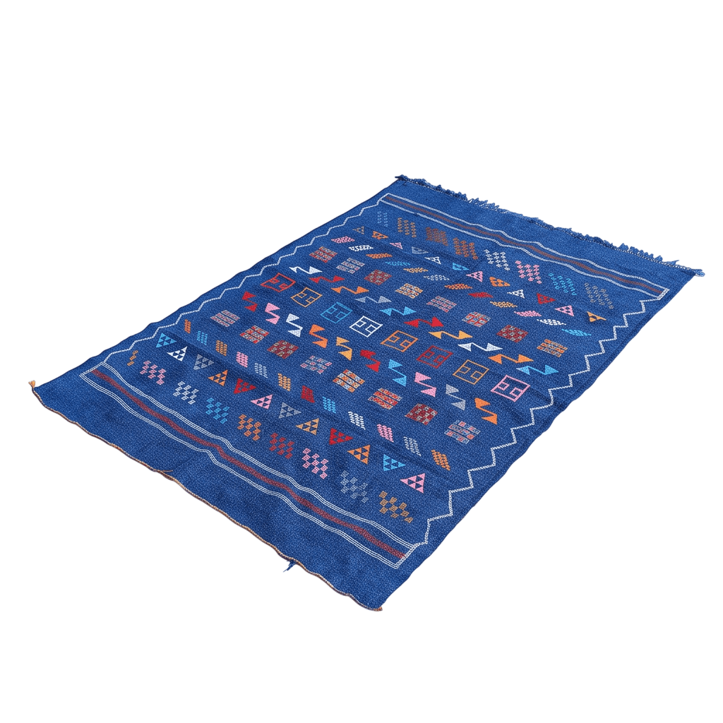 Tapis berbère bleu roi motifs multicolores