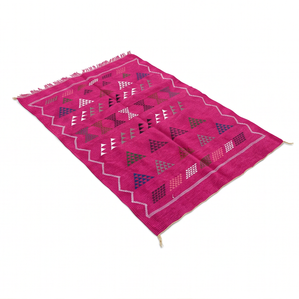 Tapis berbère fuchsia triangles bordure zigzag
