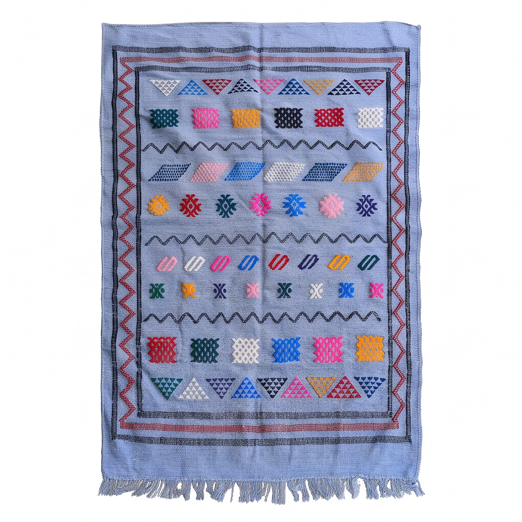 Tapis berbère bleu ciel motifs multicolores