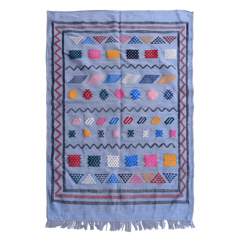 Tapis berbère bleu ciel motifs multicolores