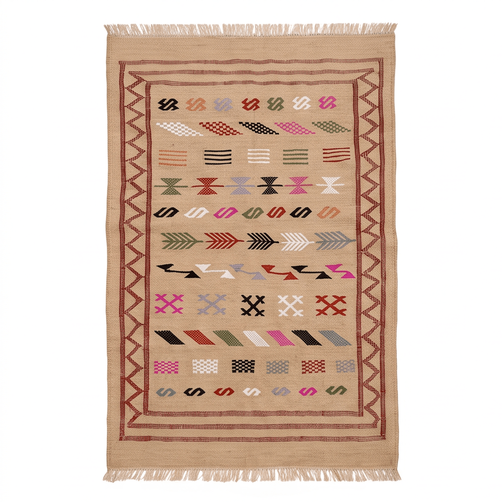 Tapis marocain beige Sabra bordure bordeaux