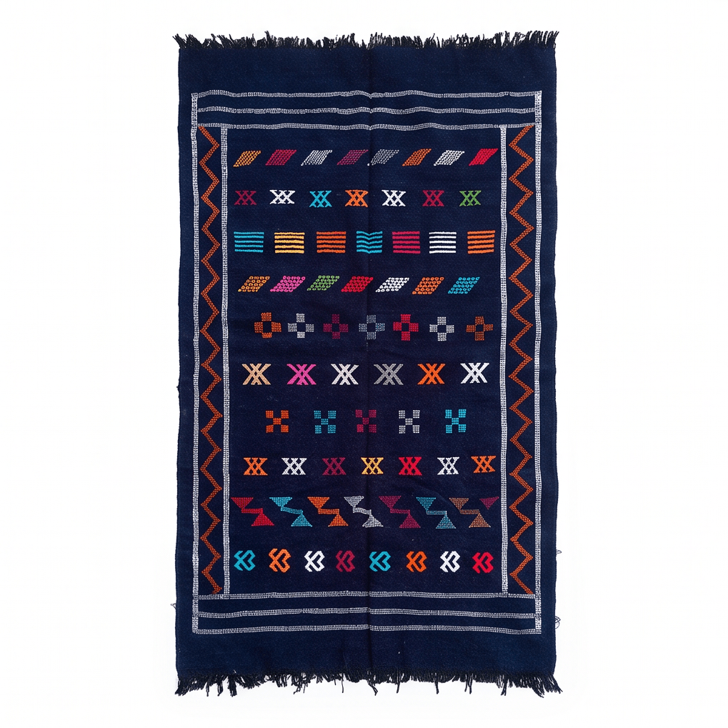 Tapis berbère bleu marine bordure orange