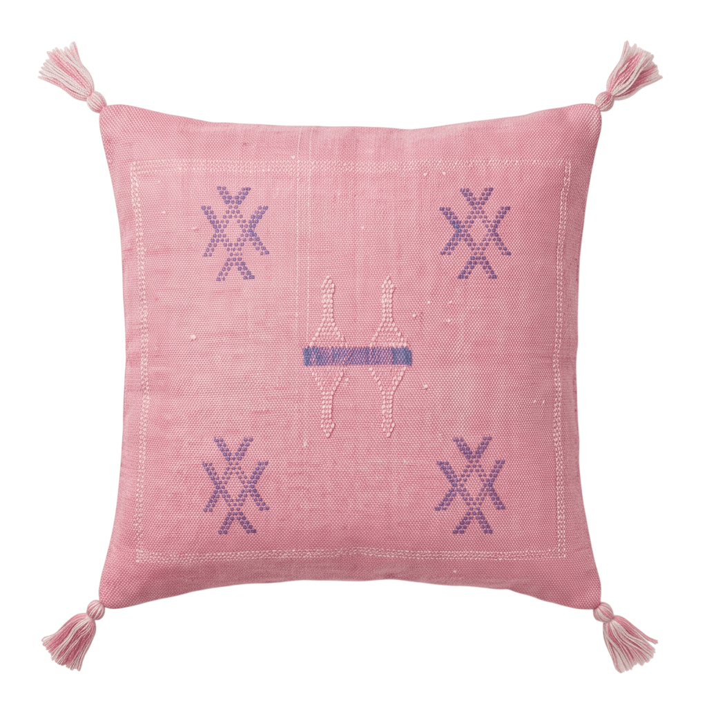 Coussin Cactus Soie rose à motifs bleus