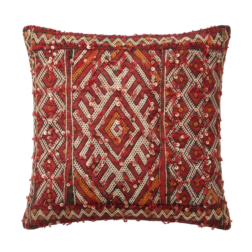 Coussin Kilim berbère rouge à sequins