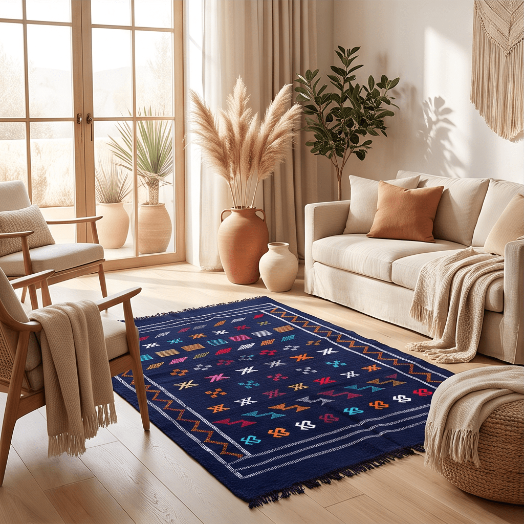 Tapis berbère bleu marine bordure orange