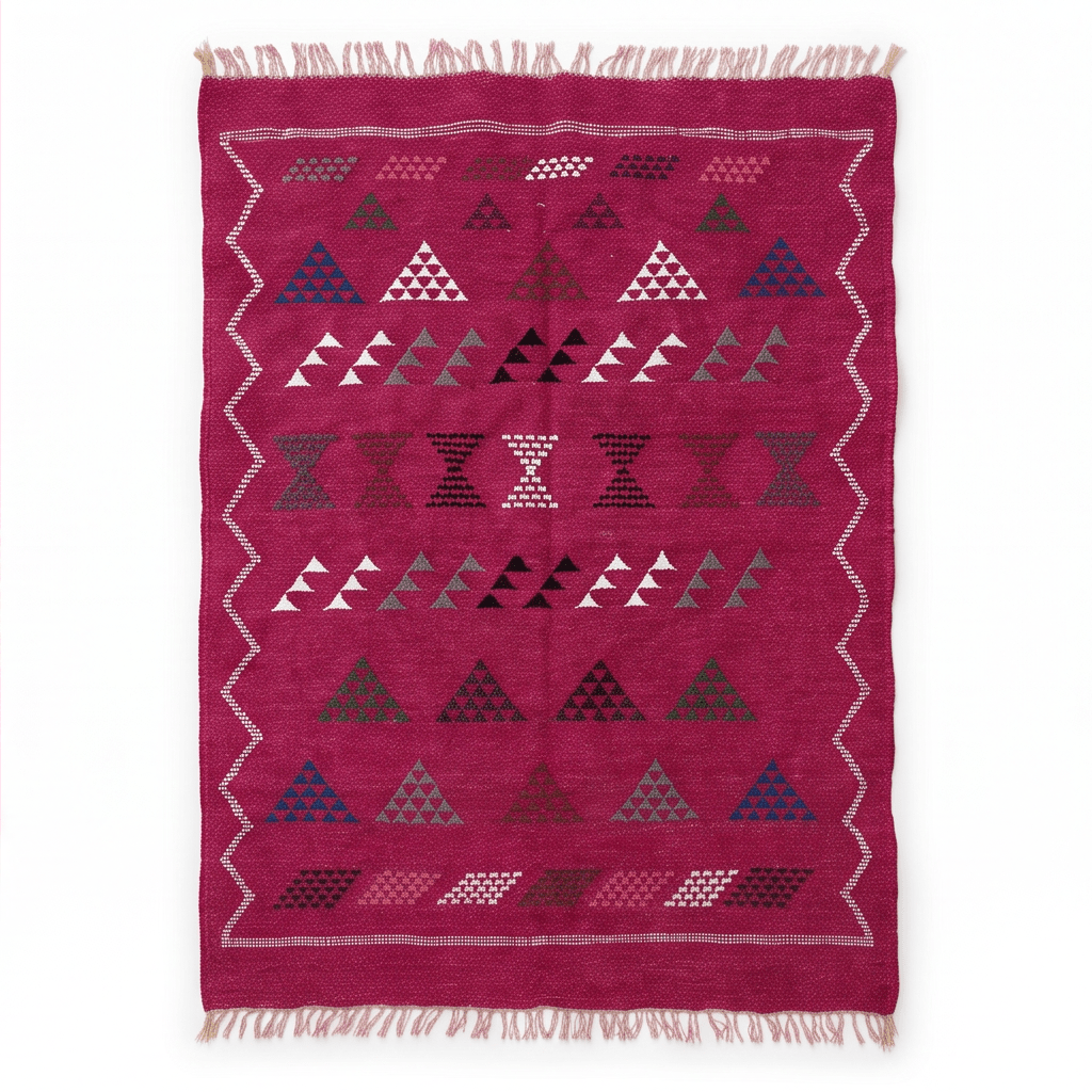 Tapis berbère fuchsia triangles bordure zigzag